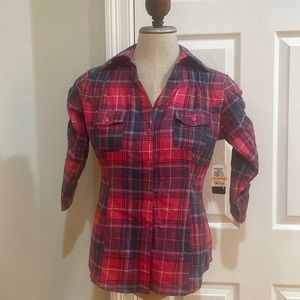 Planet gold button down shirt pink blue plaid 100% cotton women’s size small S